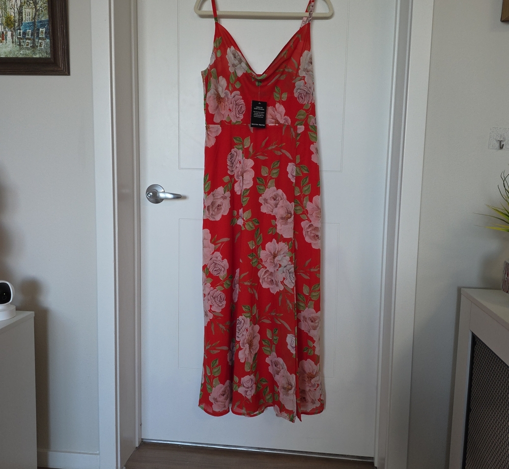Boston Proper Red Maxi Slip Dress with Pink Rose Print